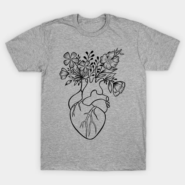 Floral Human Heart Anatomy | Line Art T-Shirt by Lizzamour